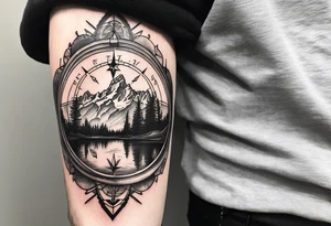 compass sleeve with grand Tetons in the middle tattoo idea