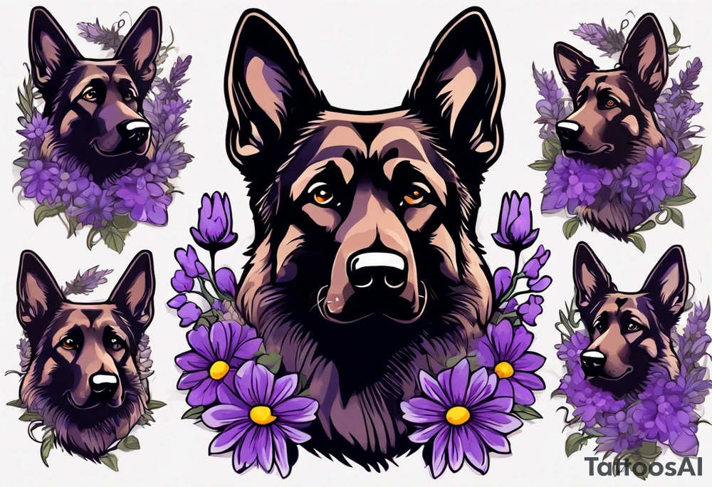 Dark Brown German shepherd portrait surrounded by purple daisies tattoo idea