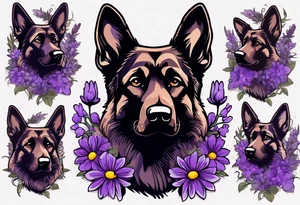 Dark Brown German shepherd portrait surrounded by purple daisies tattoo idea