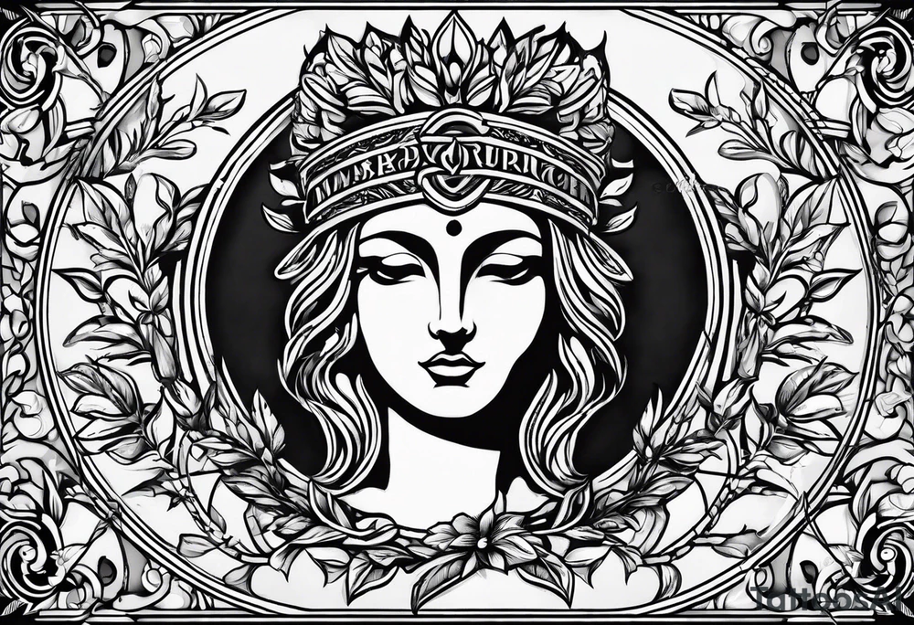 the phrase "sempre per sempre" surrounded by a laurel wreath with classic design and st. jude image tattoo idea