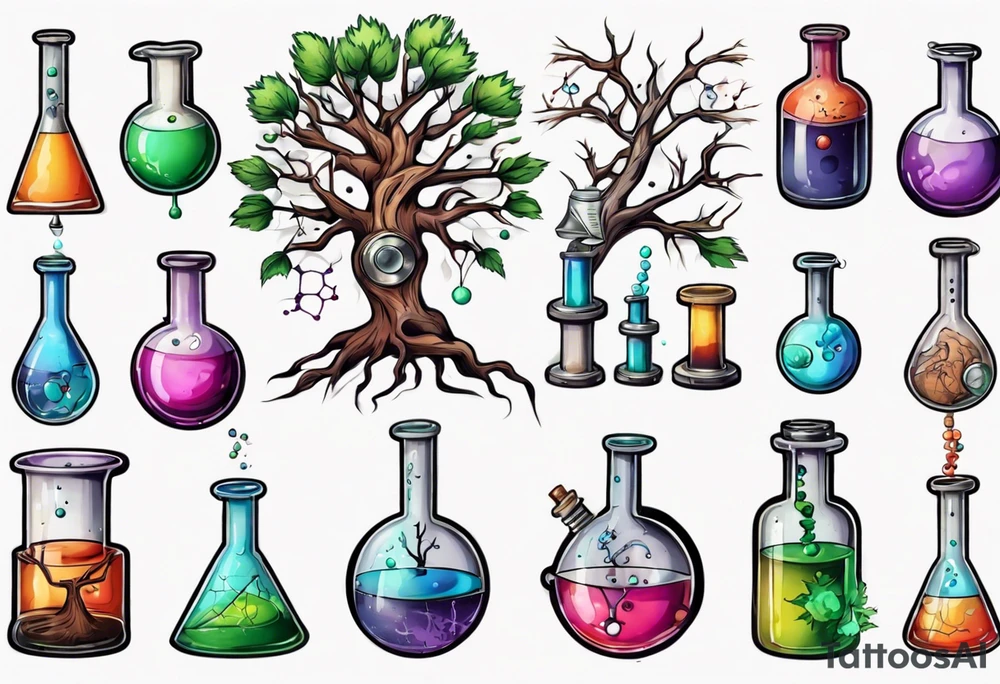 Tree with Chemistry items such as flasks and beakers filled with chemicals tattoo idea