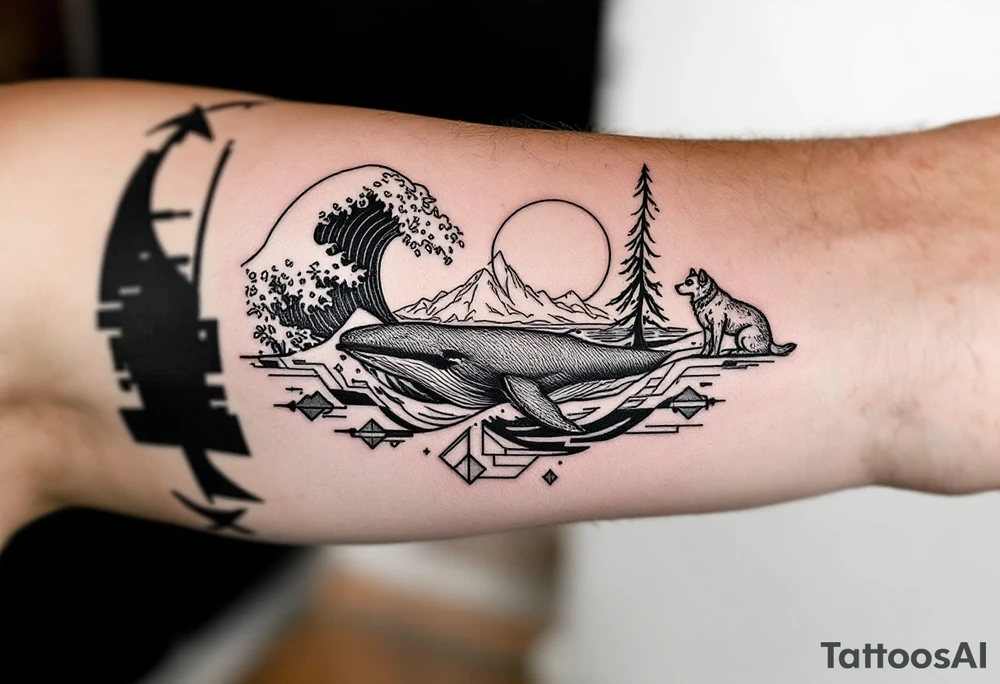 Fine line powerful ocean half sleeve with a wave, a whale, a Joshua tree, and a dog as separate elements connected by geometric patterns tattoo idea