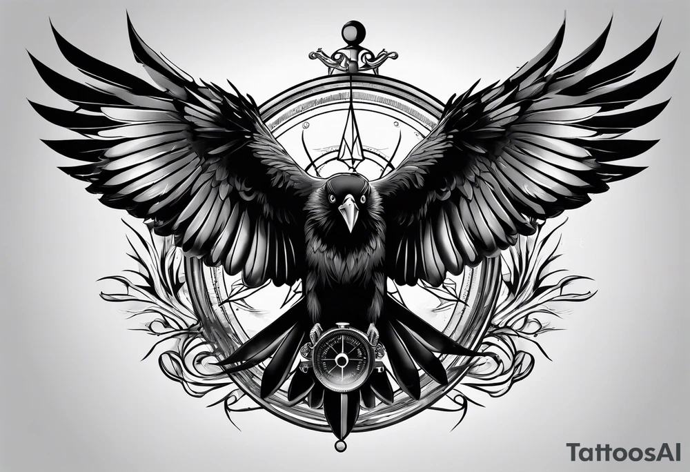 flying crow with compass and two wings tattoo idea