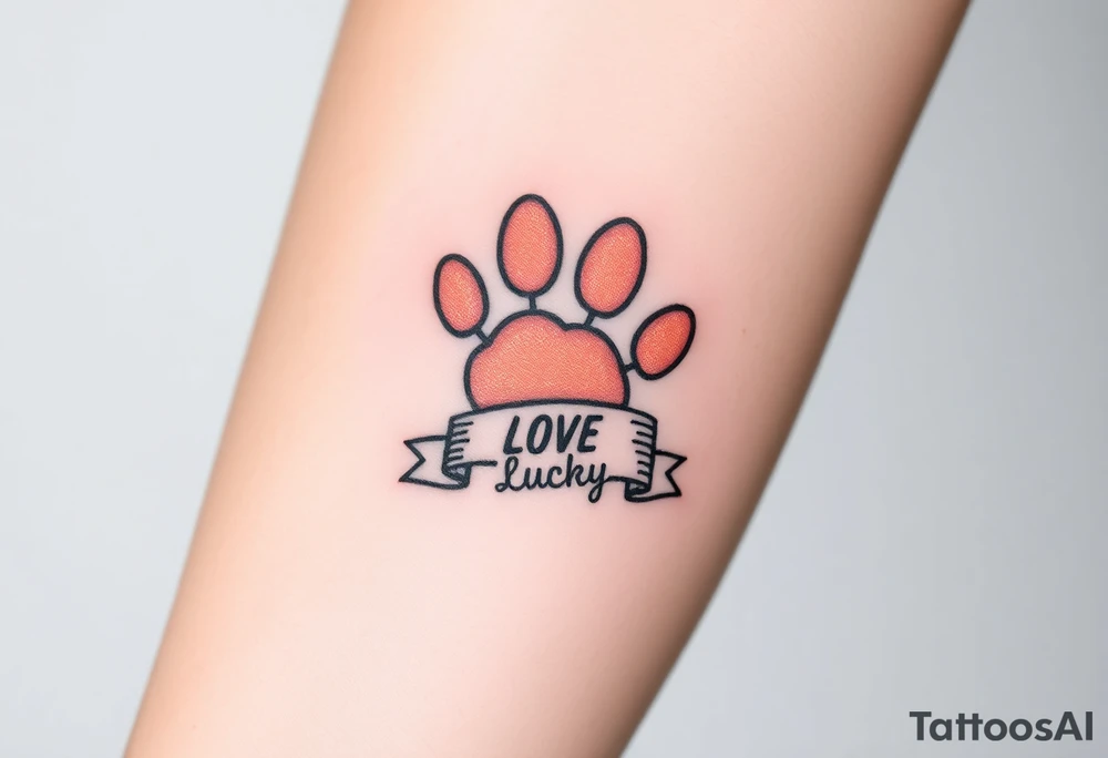 A paw print intertwined with a hearts and ribbon bearing a name Lucky, using a soft gradient of peach and rose gold tattoo idea