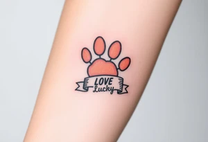 A paw print intertwined with a hearts and ribbon bearing a name Lucky, using a soft gradient of peach and rose gold tattoo idea