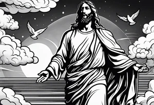 Jesus standing on a flight of stairs with clouds, sunshine and a dove in the background on the upper arm tattoo idea