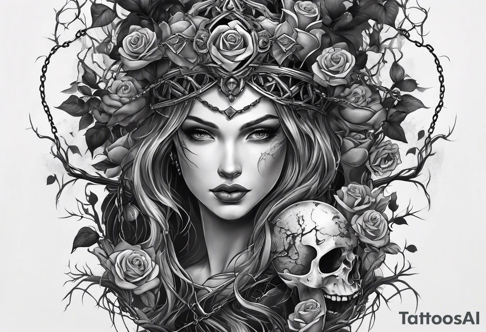 tattoo fool sleeve, tree roots break out of the chains, broken mask, girl, roses, medieval, dark castle tattoo idea