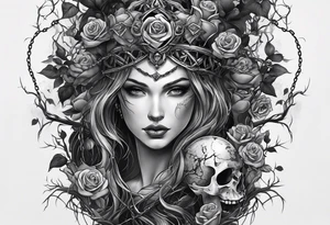 tattoo fool sleeve, tree roots break out of the chains, broken mask, girl, roses, medieval, dark castle tattoo idea