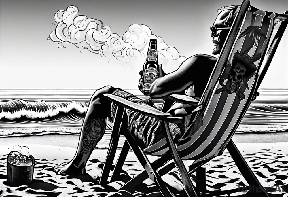Skull body smoke on the beach sitting in a beach chair with a beer in its hand tattoo idea