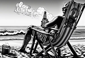 Skull body smoke on the beach sitting in a beach chair with a beer in its hand tattoo idea