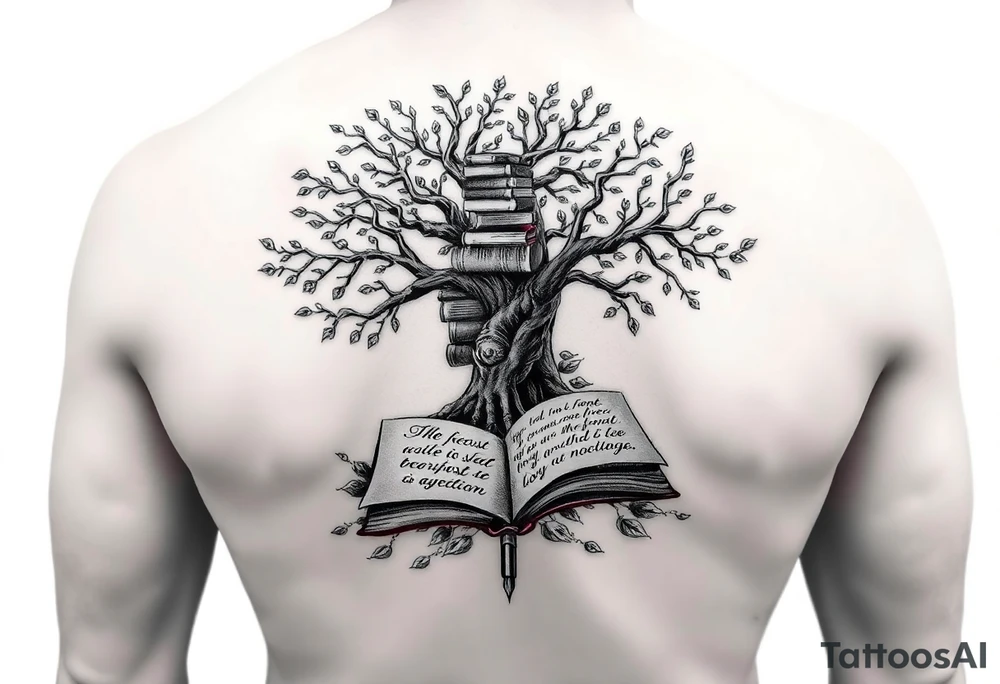 Majestic tree of knowledge with books connected as roots stacked up and an open journal with beautiful cursive writing at the base with a fountain pen for the left arm sleeve tattoo idea