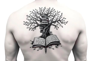 Majestic tree of knowledge with books connected as roots stacked up and an open journal with beautiful cursive writing at the base with a fountain pen for the left arm sleeve tattoo idea