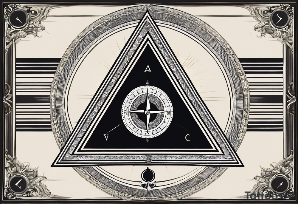 Design Layout
Primary Shape: A triangle as the main framing element, representing harmony and balance. The triangle contains and organizes all other elements inside and around it.
Central Element: Compass in the center of the triangle, symbolizing guidance and direction.
Symbol Placement and Details
Anchor (Strength): Positioned at the lower-left point of the triangle, grounded and stable to represent strength and resilience.
Heart (Love): Placed near the upper-left of the triangle, symbolizing love as a core value.
Olive Branch (Peace): Located at the upper-right of the triangle, with soft, curved lines to convey calmness and peace.
Open Hand (Kindness): Positioned at the lower-right point of the triangle, slightly reaching out or open to symbolize kindness and generosity.
Lotus Flower (Compassion): In the center of the triangle surrounding or beneath the compass, symbolizing personal growth, compassion, and enlightenment.
Chain Link (Loyalty): Integrated into one side of the triangle’s border or framing, symbolizing unbreakable bonds and loyalty.
Sun (Goodness): Above or behind the triangle, radiating subtly to symbolize light, warmth, and goodness.
Clear Open Eye (Honesty): Near the compass or positioned centrally within the triangle, representing clarity, insight, and honesty. tattoo idea
