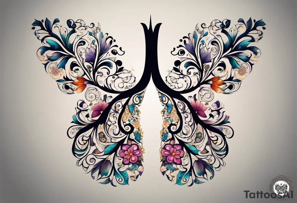 intricate and artistic arrangement of flowers and ornamental patterns that come together to form the shape of human lungs. The design should have a balance of delicacy and detail, with vibrant floral elements seamlessly intertwining to mimic the structure of the lungs, including the bronchi branching into floral motifs. Incorporate subtle shading and depth to give the tattoo a dynamic and organic feel, while maintaining elegance and symmetry tattoo idea