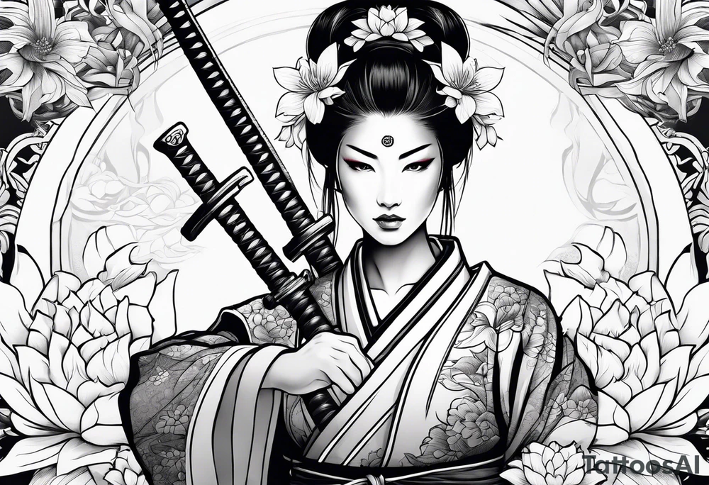 Japanese woman samurai swords lotus flowers neotribal tattoo idea