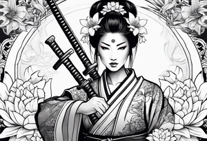 Japanese woman samurai swords lotus flowers neotribal tattoo idea