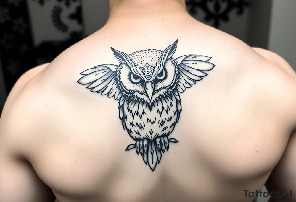 Fierce owl with half dome background in the tummy of the owl black fine line tattoo tattoo idea