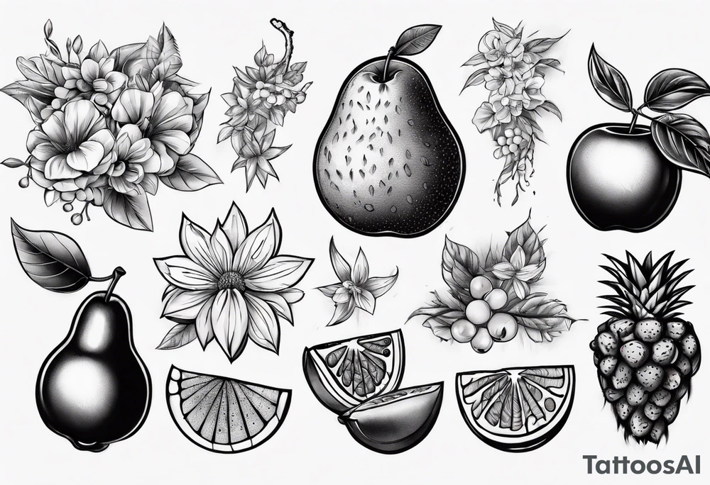 Fruits and flowers tattoo idea