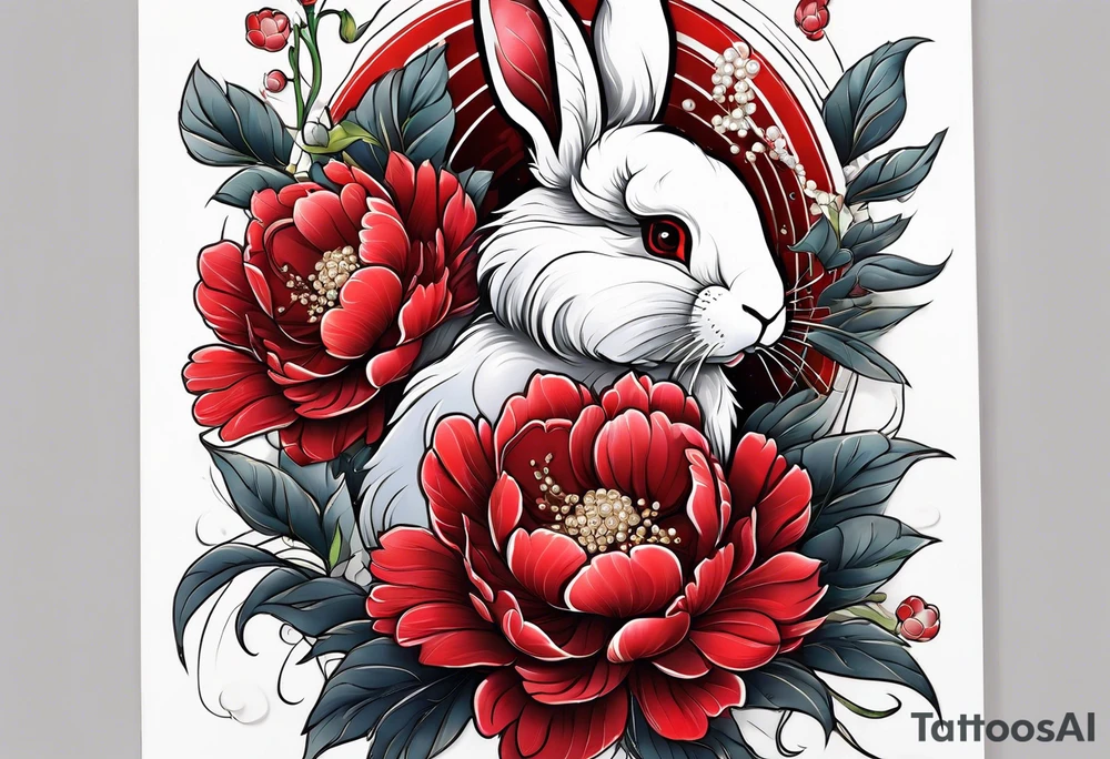 Red peony with dandling pearls and bunny tattoo idea