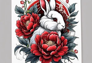 Red peony with dandling pearls and bunny tattoo idea