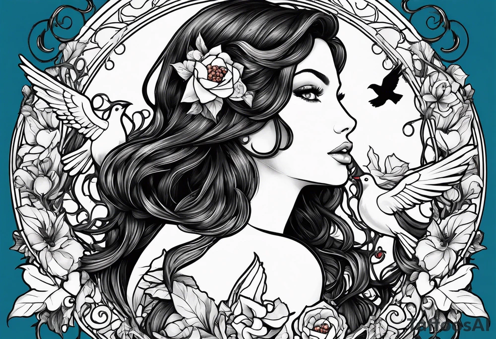 Black Aphrodite with auburn hair and ocean-blue eyes surrounded with doves and poison ivy sitting on a heart tattoo idea