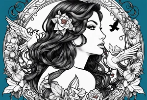 Black Aphrodite with auburn hair and ocean-blue eyes surrounded with doves and poison ivy sitting on a heart tattoo idea
