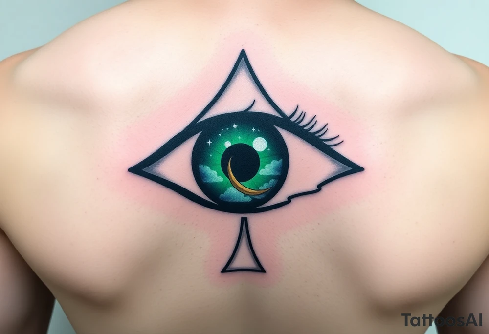 Large almond shaped outline of an eye with an eyeball in the shape of an ace of spades long black eyelashes eyecolored greenish blue vivid colors like green blue purple with a crescent moon stars and clouds inside of the eyeball tattoo idea
