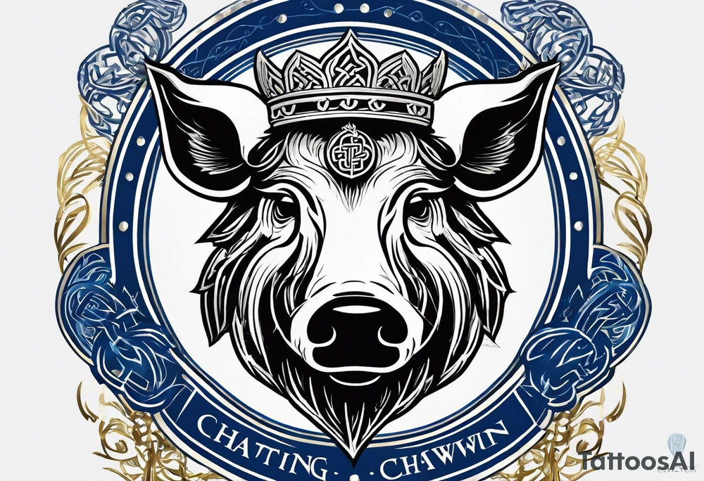 A classic tribal Celtic boar Integrated with a Chatwin, family crest and a Thistle. Simple with few lines. Blue and gold Chevron Chatwin family crest With the name, Chatwin and a Thistle tattoo idea