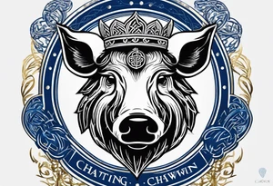 A classic tribal Celtic boar Integrated with a Chatwin, family crest and a Thistle. Simple with few lines. Blue and gold Chevron Chatwin family crest With the name, Chatwin and a Thistle tattoo idea