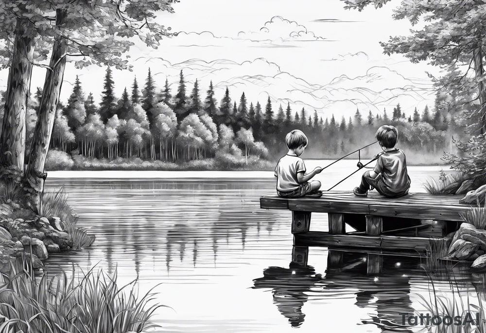 forearm tattoo set on a dock on a lake. There is a little boy sitting next to a little girl. The little boy is fishing and the little girl is reading. There are trees surrounding the lake. tattoo idea