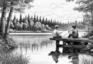 forearm tattoo set on a dock on a lake. There is a little boy sitting next to a little girl. The little boy is fishing and the little girl is reading. There are trees surrounding the lake. tattoo idea