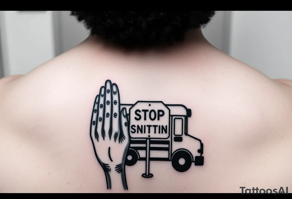 an african american with an afro with his hands standing in front of him with one hand vertically and one horrizonal in the shape of a T standing of a short bus with a stop sign that says STOP SNITCHING tattoo idea