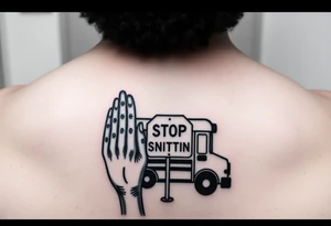 an african american with an afro with his hands standing in front of him with one hand vertically and one horrizonal in the shape of a T standing of a short bus with a stop sign that says STOP SNITCHING tattoo idea