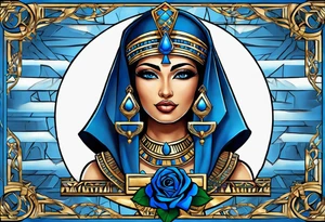 Isis Goddess Tattoo  frame blue roses, ankh , background egypt pyramid tattoo idea