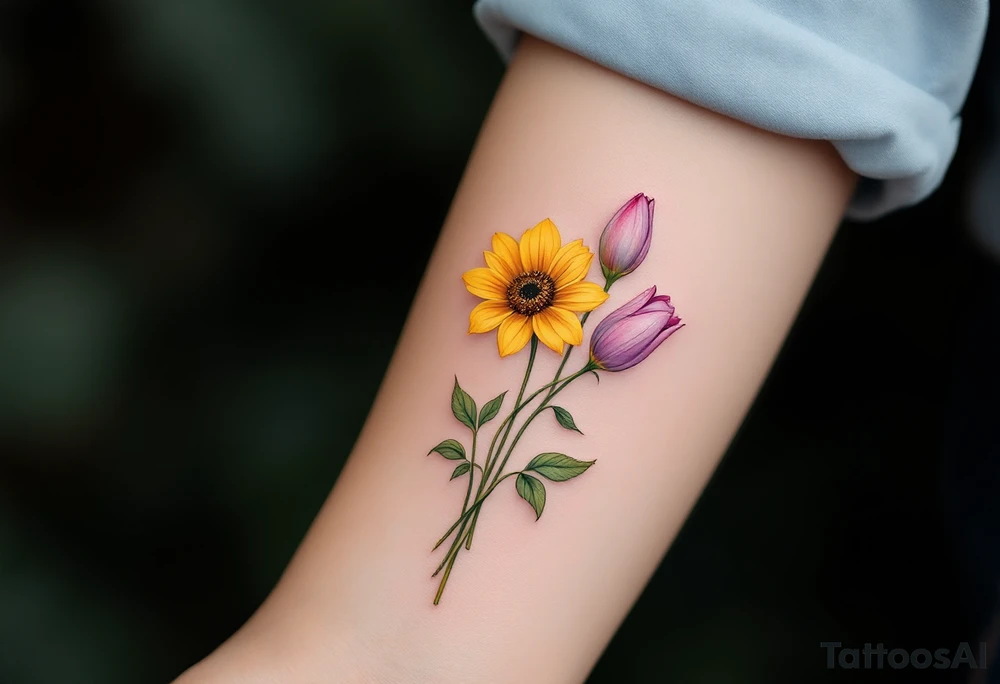 Small yellow sunflowers with two simple stargazer Lilly in pale pink and pale purple tulip buds in a dainty wildflower bouquet with light green stems. Low detail. Include feminine stem lines. tattoo idea