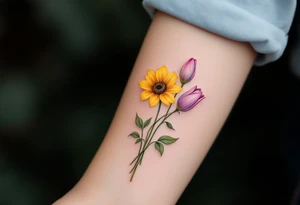 Small yellow sunflowers with two simple stargazer Lilly in pale pink and pale purple tulip buds in a dainty wildflower bouquet with light green stems. Low detail. Include feminine stem lines. tattoo idea