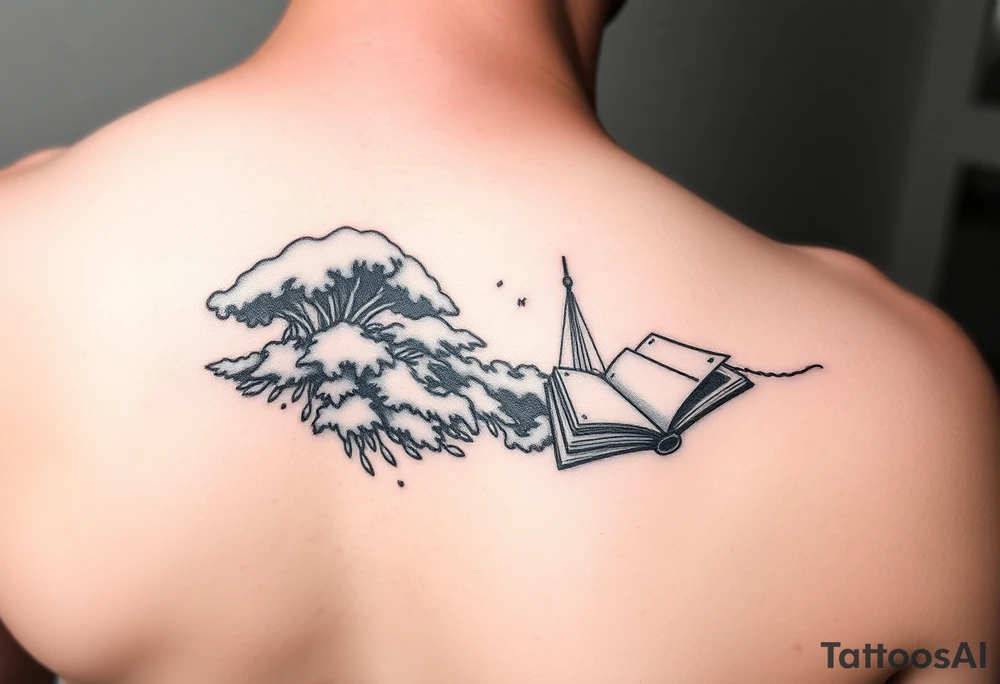 A black and white tattoo that will go on side of the wrist. This is for someone who loves ocean, travel and books. tattoo idea
