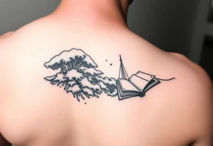 A black and white tattoo that will go on side of the wrist. This is for someone who loves ocean, travel and books. tattoo idea
