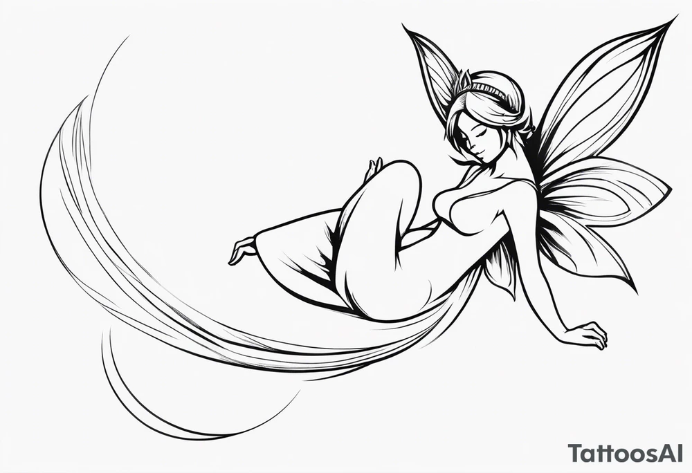 Minimalistic, monochromatic fairy with a tail flying to the left in a fetal position, leaning and looking in the same direction, with visible hands, embodying the 'Fairy Tail' logo aesthetic. tattoo idea