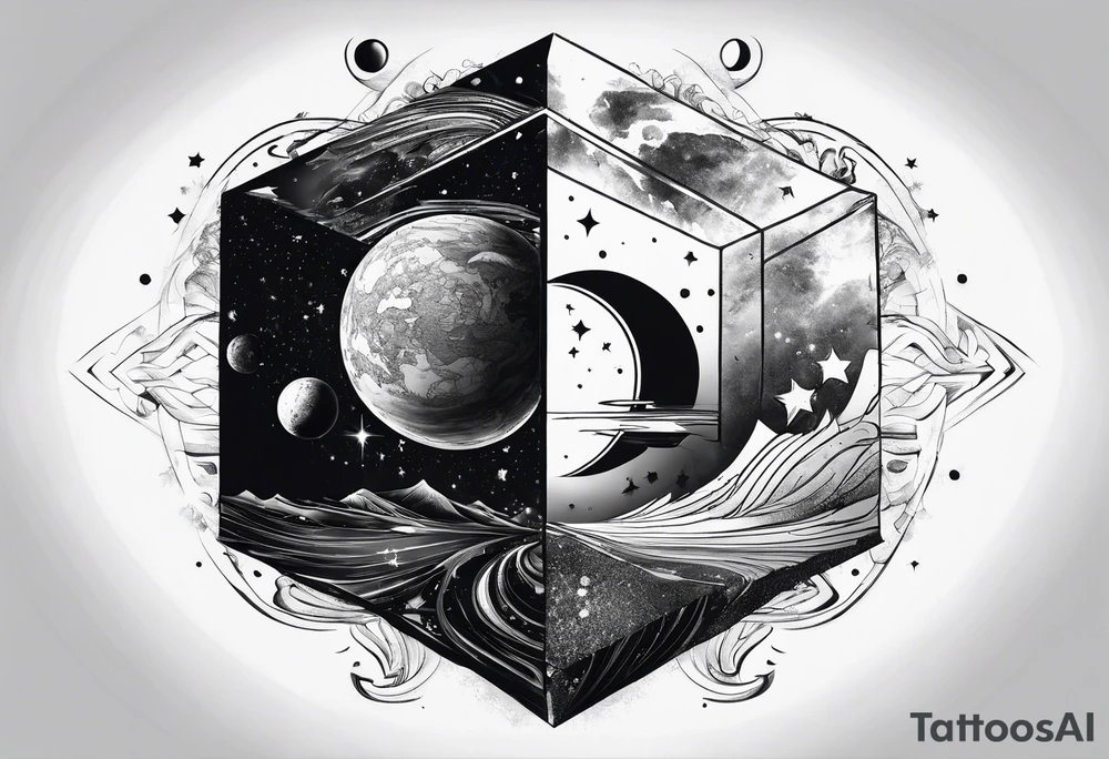 planet split into half in a cube tattoo idea