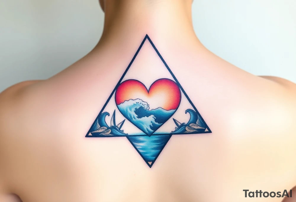 A triangle with a big heart in the center with an ocean theme tattoo idea