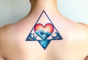 A triangle with a big heart in the center with an ocean theme tattoo idea