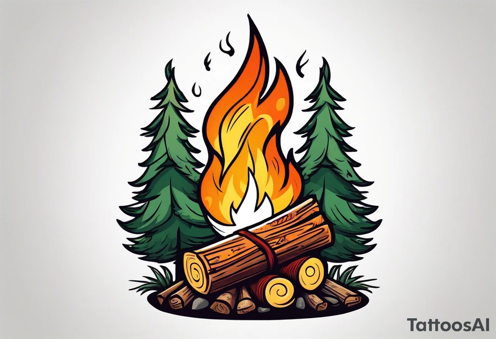 Small campfire in the center, right side: an evergreen tall tree, left side: skinny fast flow steam tattoo idea