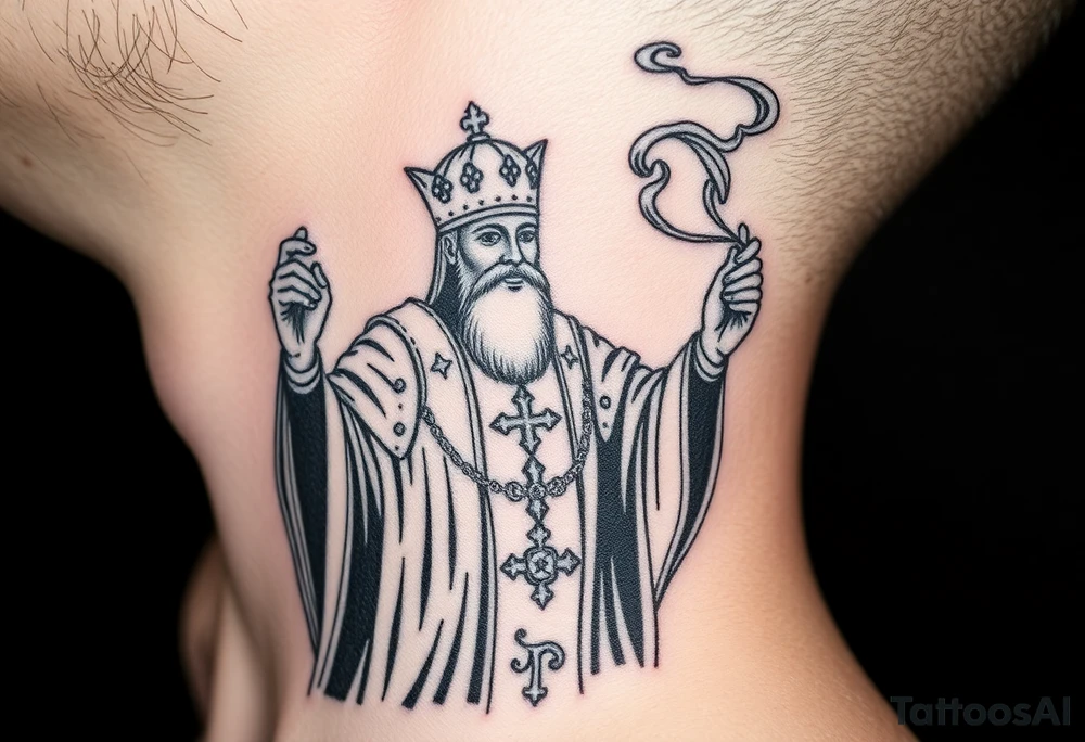 Russian Orthodox Priest in fully detailed vestment swinging a censer with smoke curling upward tattoo idea