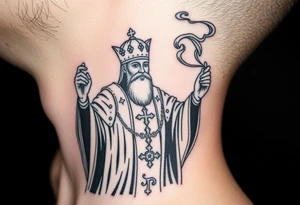 Russian Orthodox Priest in fully detailed vestment swinging a censer with smoke curling upward tattoo idea