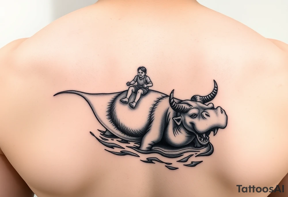 2 miniature people who are majestically floating down a river on a giant leaf as a angry hippopotamus with goat horns chasing them tattoo idea