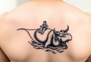2 miniature people who are majestically floating down a river on a giant leaf as a angry hippopotamus with goat horns chasing them tattoo idea