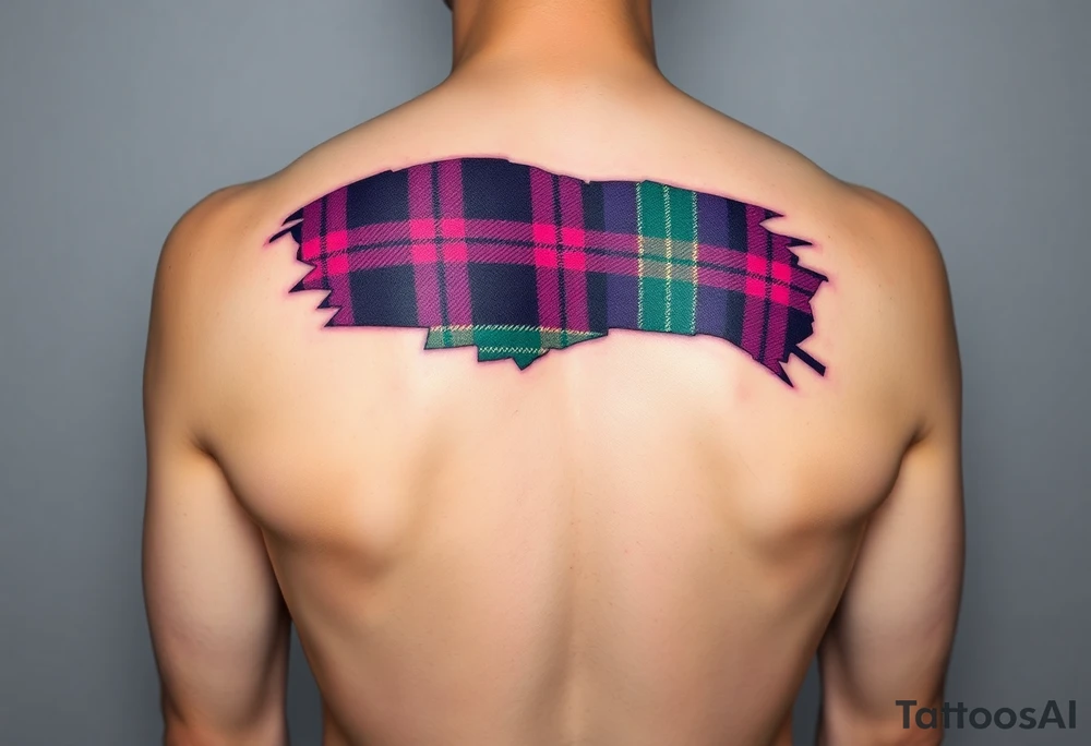 Dark Purple with green pink blue and white highlights tartan fabric on arm with skin ripping away at edges tattoo idea