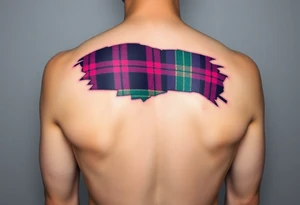 Dark Purple with green pink blue and white highlights tartan fabric on arm with skin ripping away at edges tattoo idea