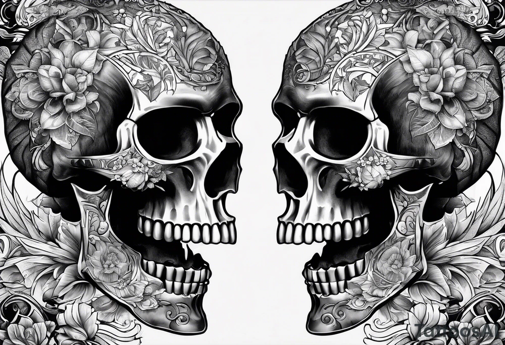 Two 1911 facing away from each other that create a terrifying skull tattoo idea